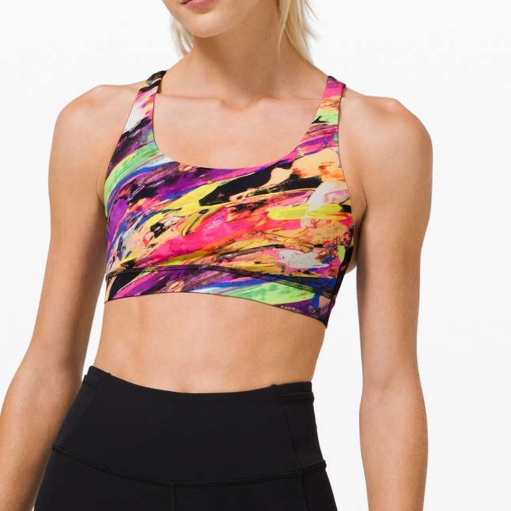 LULULEMON Energy Bra Sports Catalyst Multi Rainbow Black Print 6